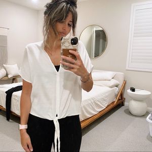 White Tie-Front Linen Blouse